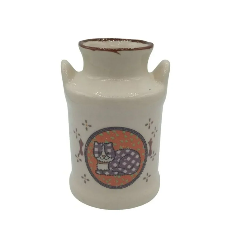 Milk Jug Vintage Vase Jar 4.5 inch Ceramic Farmhouse Country Charm Happy Cat